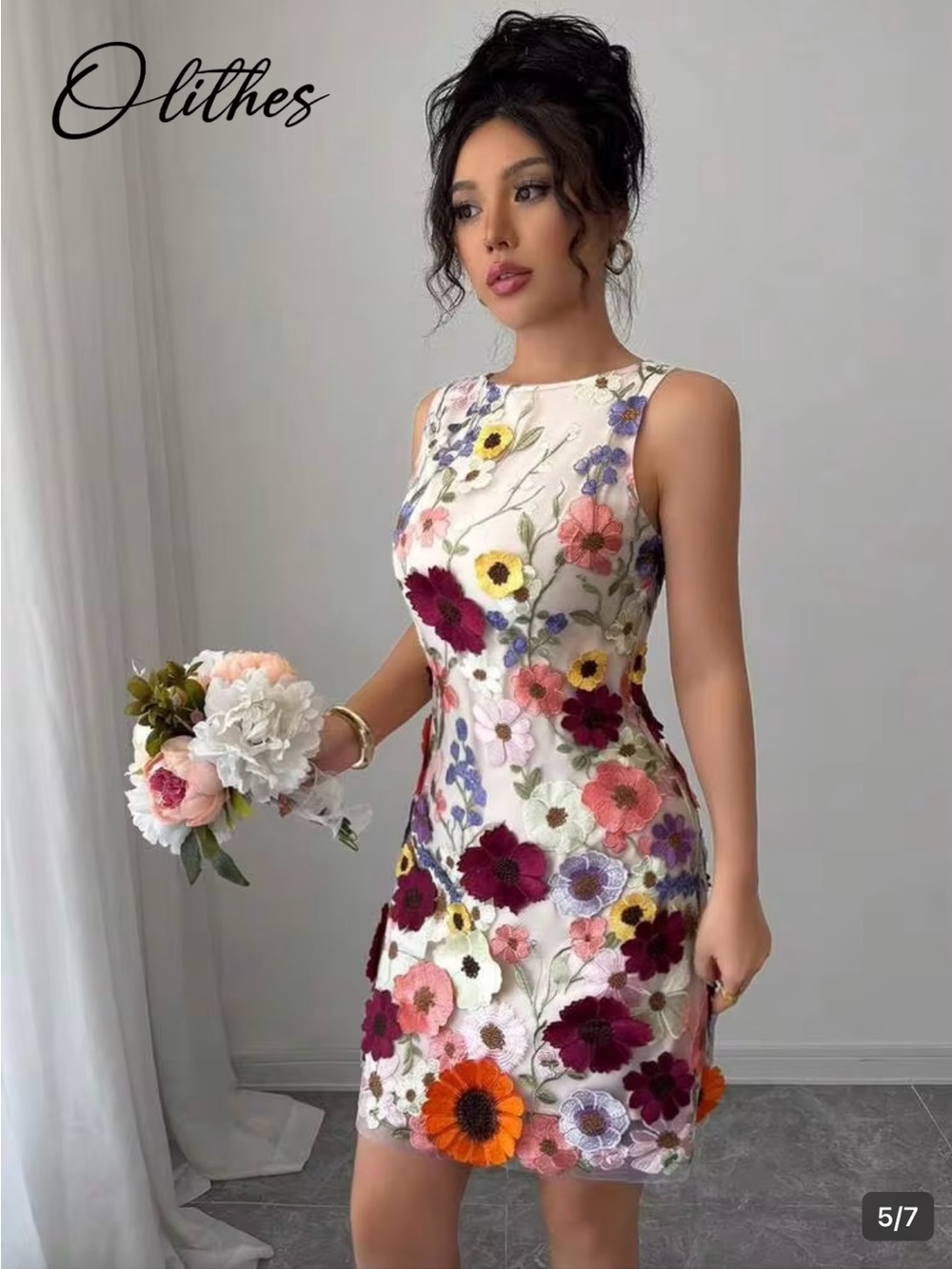 SHEIN White Sleeveless Dress with Multicolor Floral Embroidery